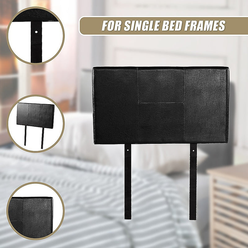 Single Size | Bed Headboard (Black) with stitched design, metal legs, and faux leather upholstery for single bed frames