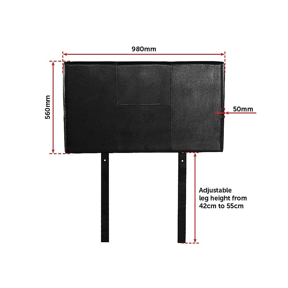 Single Size | Bed Headboard (Black) with adjustable legs, stitched black upholstery, and dimensions indicated for bedroom furniture.