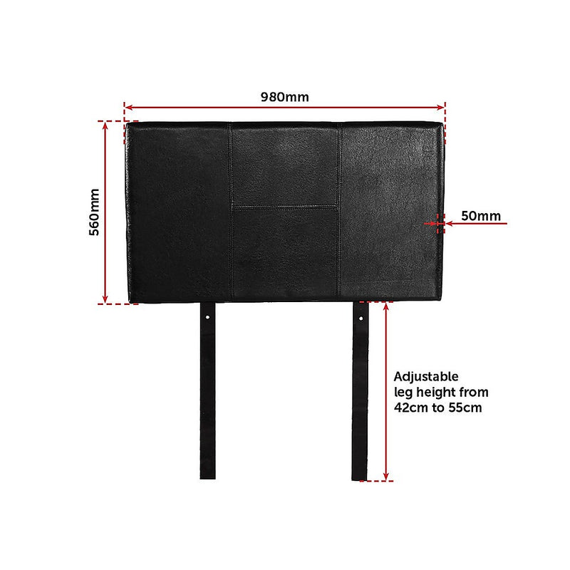 Single Size | Bed Headboard (Black) with adjustable legs, stitched black upholstery, and dimensions indicated for bedroom furniture.