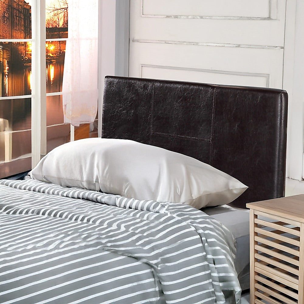 Single Size | Bed Headboard (Brown) with stitched design in a bedroom setting, styled with striped bedding and bedside table