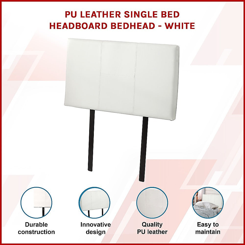 Single Size | Bed Headboard (White) with PU leather upholstery, sturdy frame, and modern stitched design for bedroom furniture.