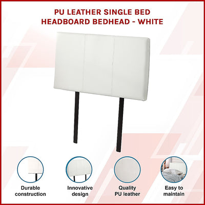 Single Size | Bed Headboard (White) with PU leather upholstery, sturdy frame, and modern stitched design for bedroom furniture.