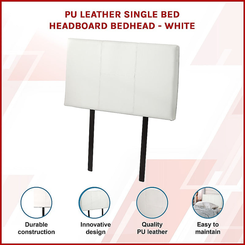 Single Size | Bed Headboard (White) with PU leather upholstery, sturdy frame, and modern stitched design for bedroom furniture.