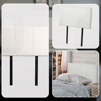 Single Size | Bed Headboard (White) with stitched design, metal legs, shown installed on a bed in bedroom setting.