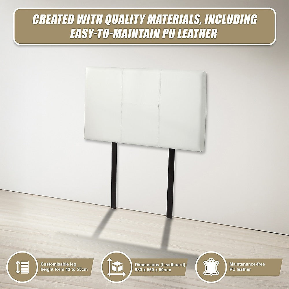 Single Size | Bed Headboard (White) with easy-to-maintain PU leather and adjustable leg height shown against wall