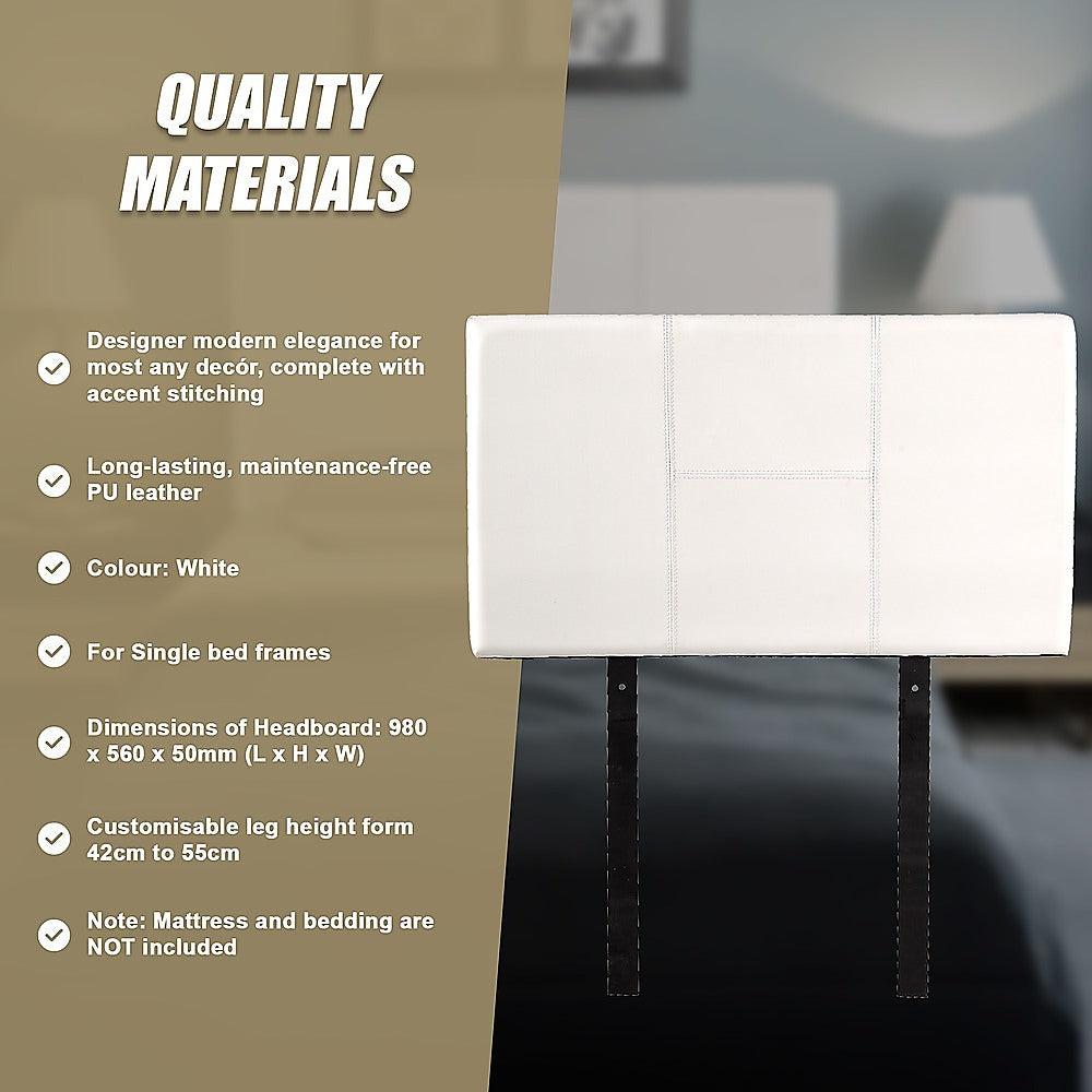 Single Size | Bed Headboard (White) with stitched design, white PU leather, for single bed frames, adjustable leg height.
