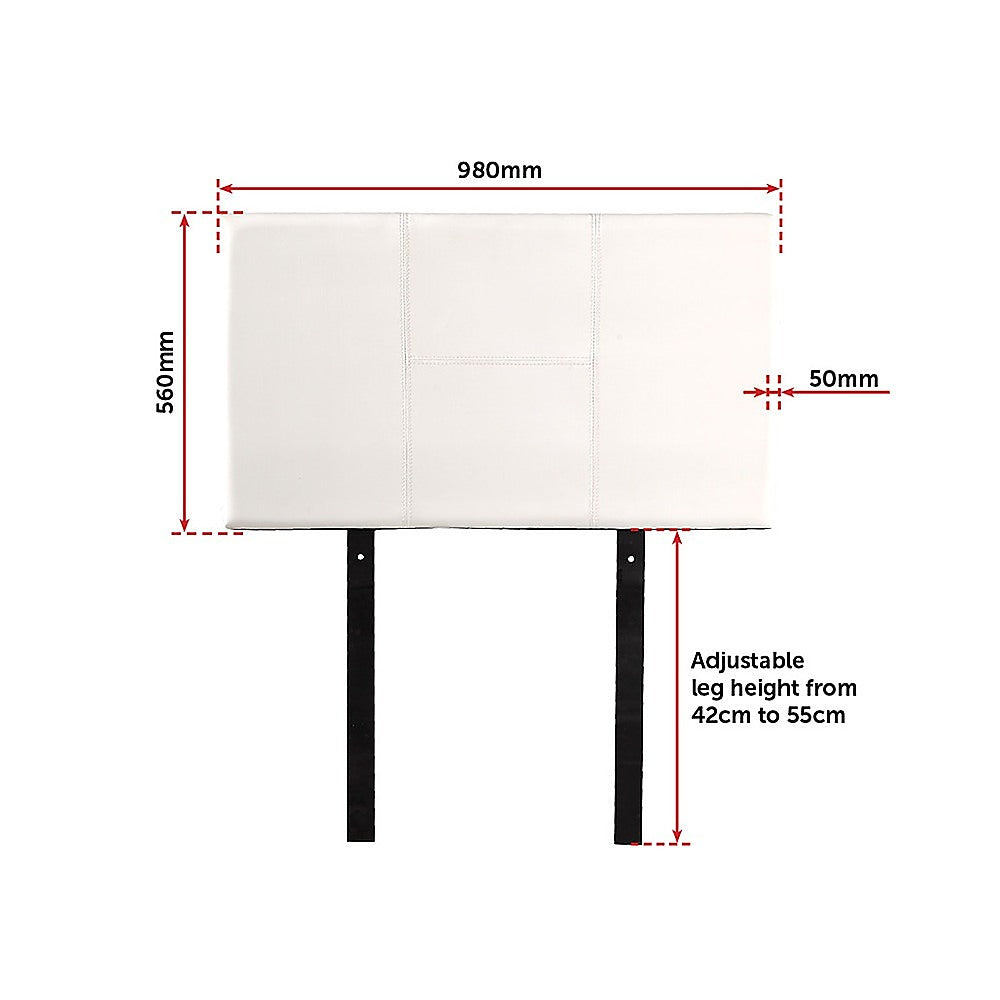 Single Size | Bed Headboard (White) with stitched panel design and adjustable black metal legs for bedroom furniture.