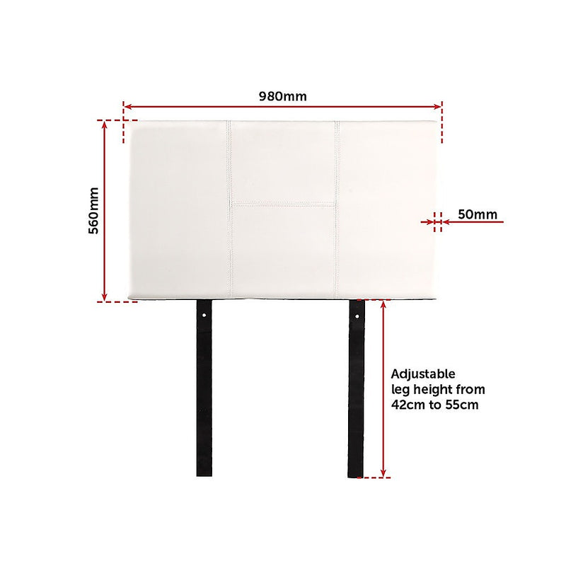 Single Size | Bed Headboard (White) with stitched panel design and adjustable black metal legs for bedroom furniture.