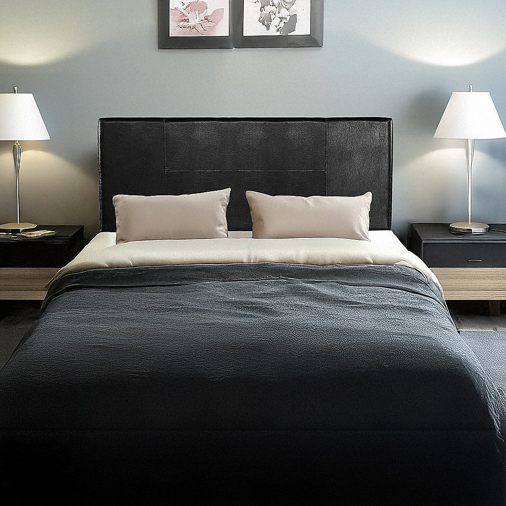 Double Size | PU Leather Bed Headboard Bedhead (Black) in a modern bedroom with bedside tables and lamps.