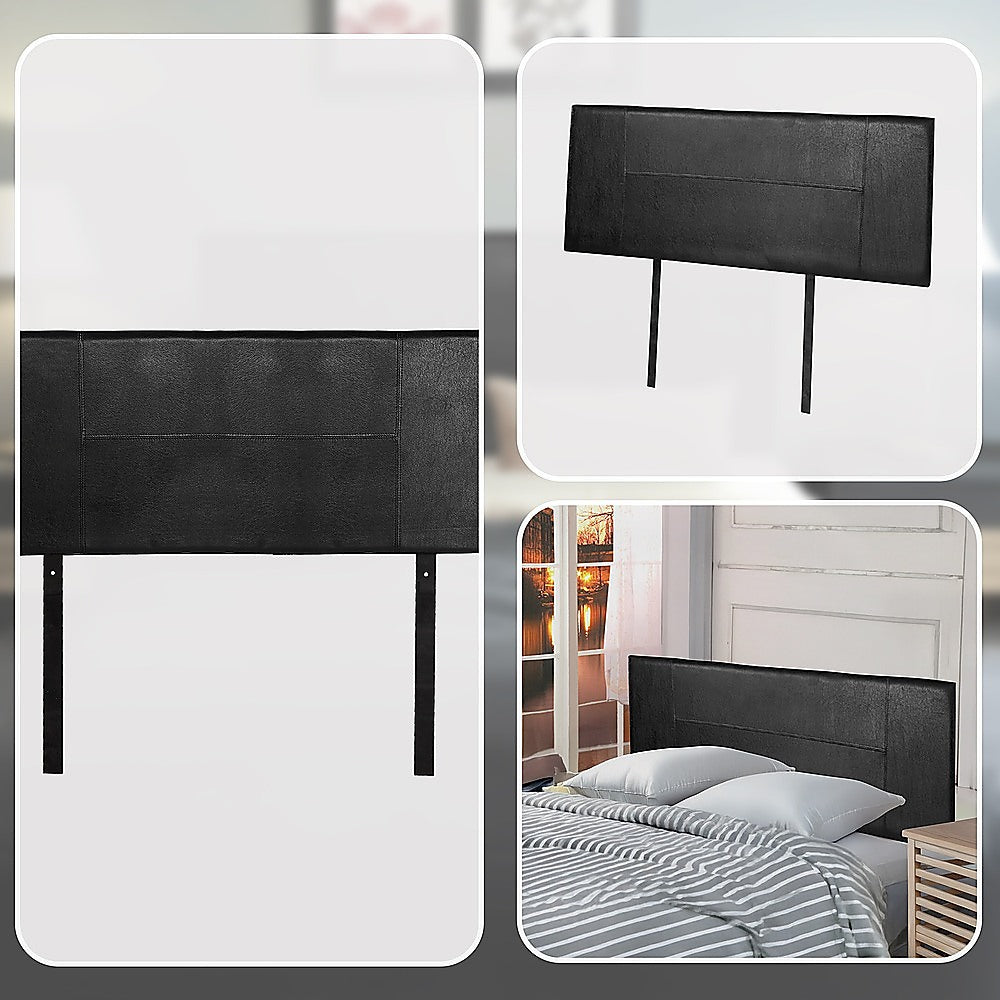 Double Size | PU Leather Bed Headboard Bedhead (Black) with stitched design, shown standalone and styled on bed in bedroom setting