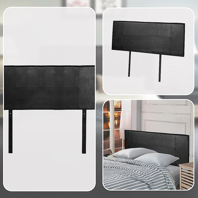 Double Size | PU Leather Bed Headboard Bedhead (Black) with stitched design, shown standalone and styled on bed in bedroom setting