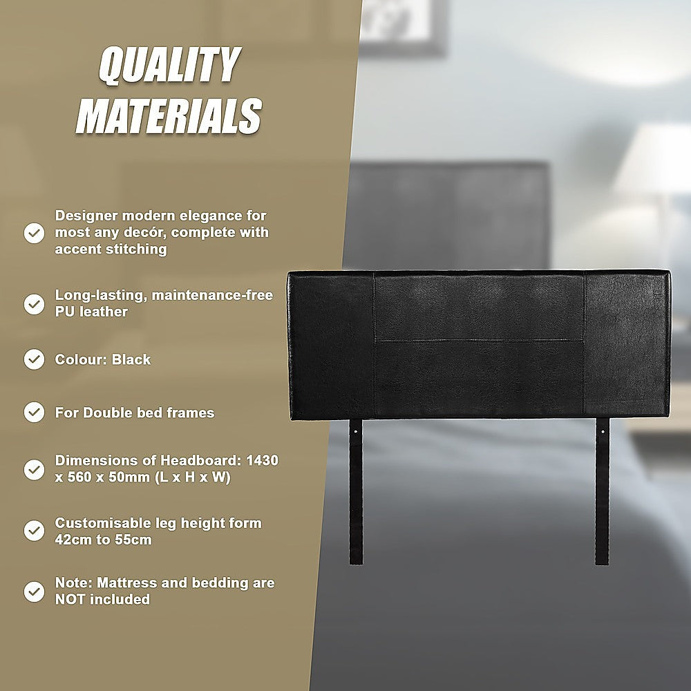 Double Size | PU Leather Bed Headboard Bedhead (Black) with modern stitched design for double bed frames in bedroom furniture
