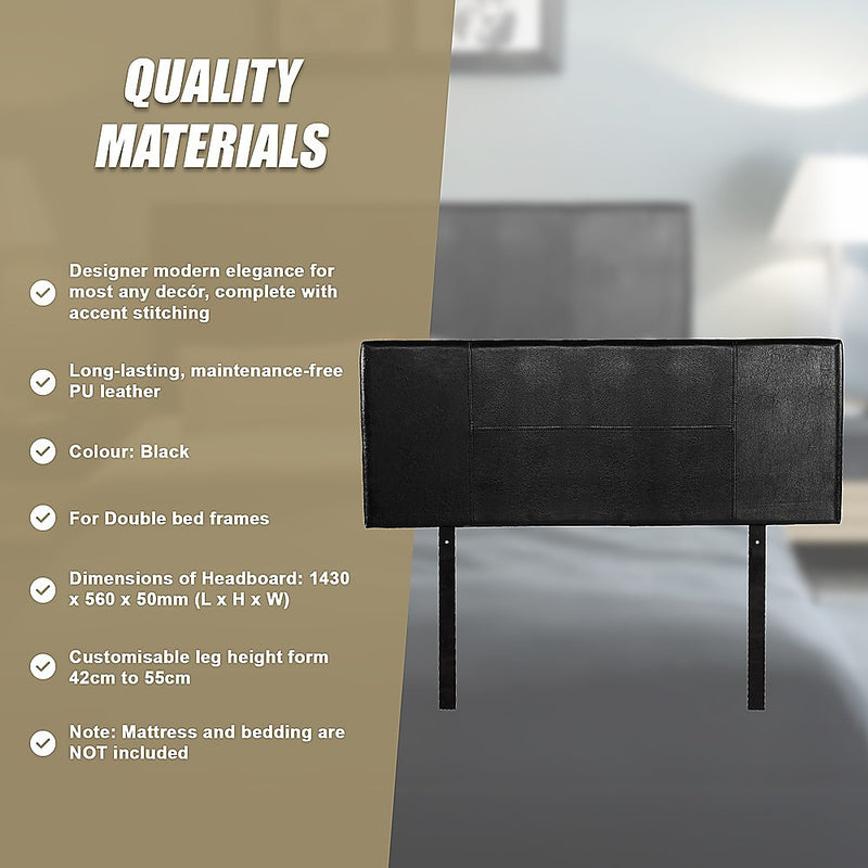 Double Size | PU Leather Bed Headboard Bedhead (Black) with modern stitched design for double bed frames in bedroom furniture
