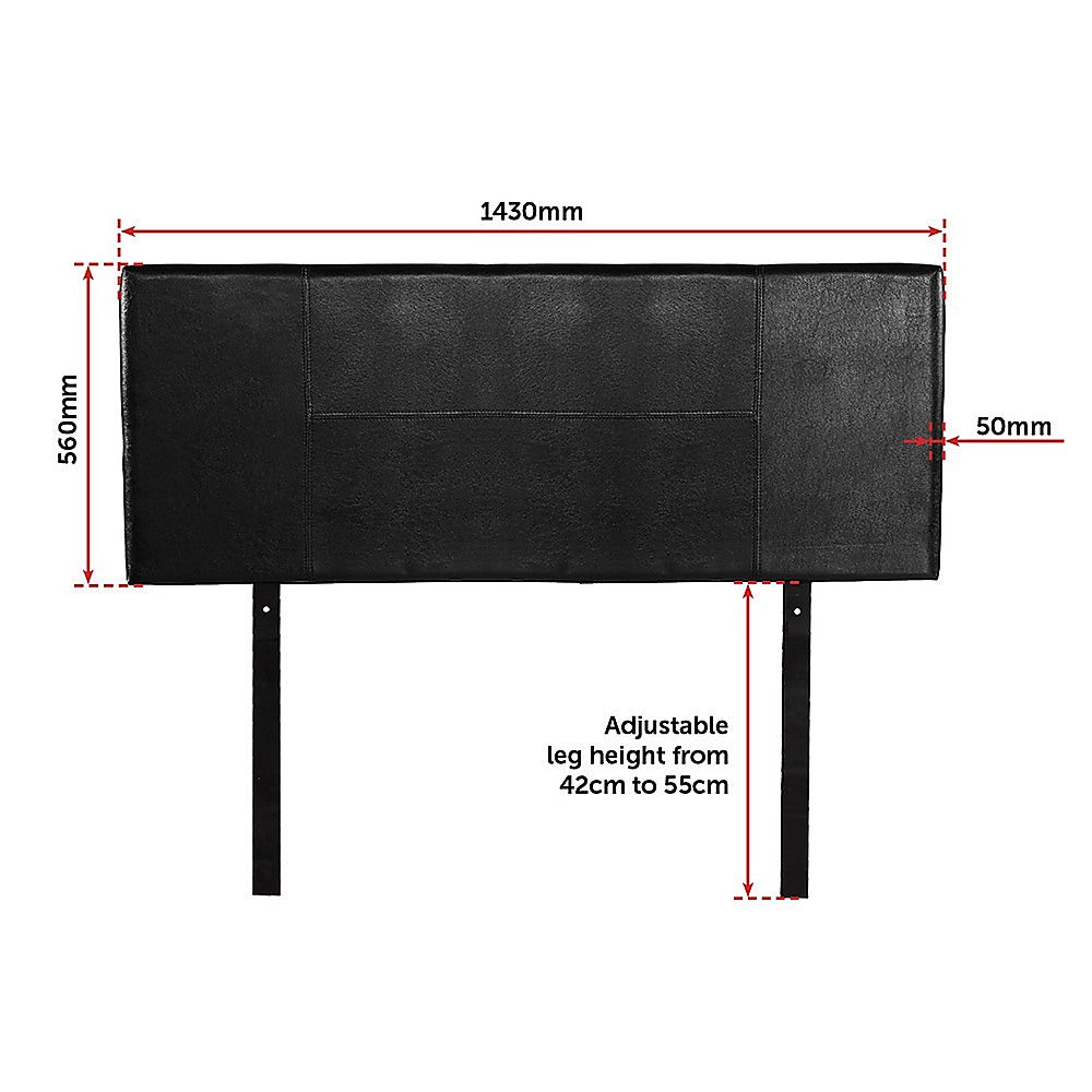 Double Size | PU Leather Bed Headboard Bedhead (Black) with adjustable leg height and sleek stitched design for bedroom furniture.