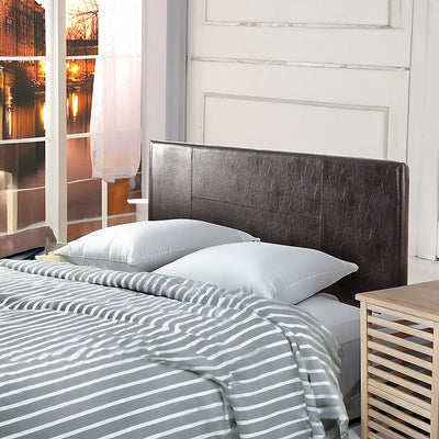 Double Size | PU Leather Bed Headboard Bedhead (Brown) in bedroom setting with striped bedding and bedside table.