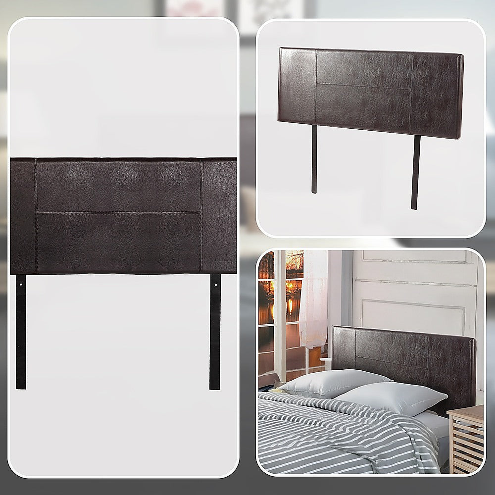 Double Size | PU Leather Bed Headboard Bedhead (Brown) with stitched design, shown detached and installed on bed in bedroom setting