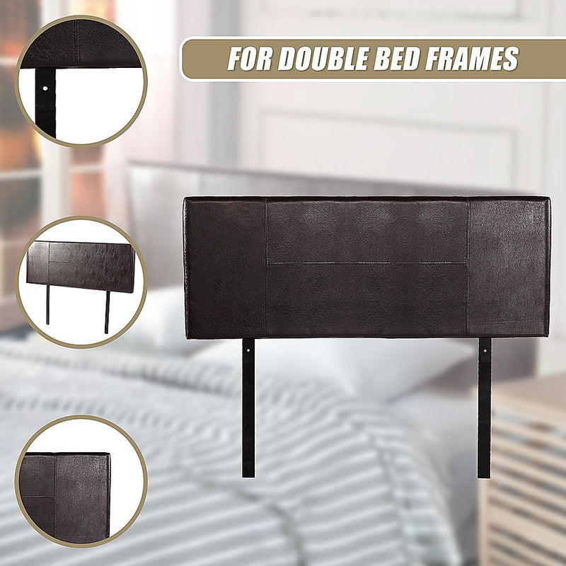Double Size | PU Leather Bed Headboard Bedhead (Brown) with stitched design and metal legs for double bed frames in bedroom setting