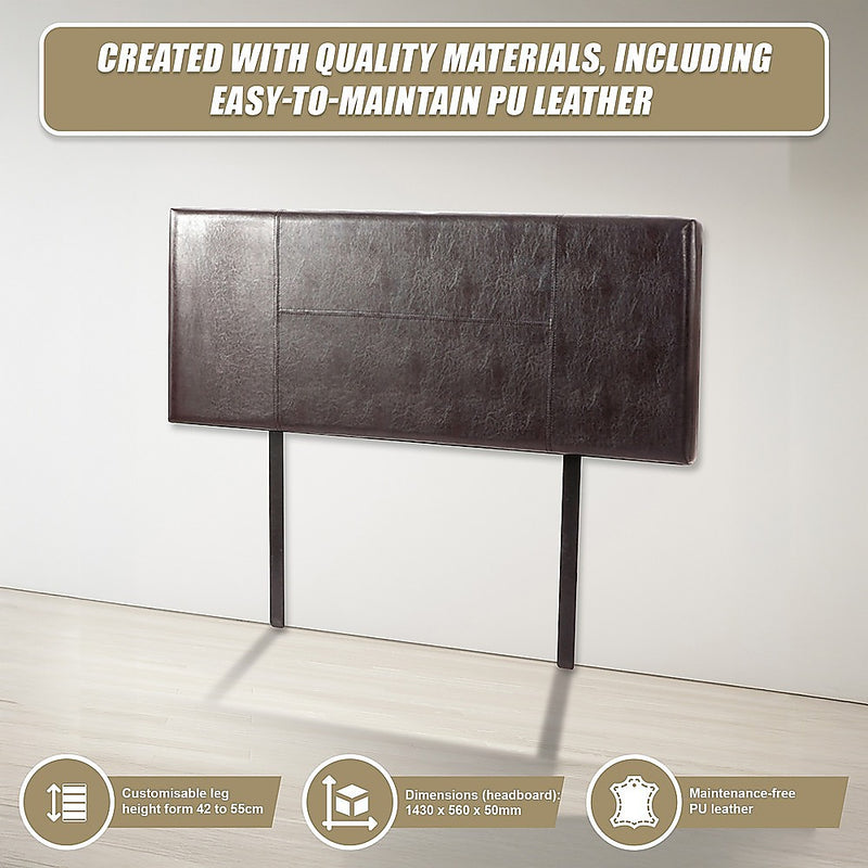 Double Size | PU Leather Bed Headboard Bedhead (Brown) with customizable legs and easy-to-maintain PU leather upholstery