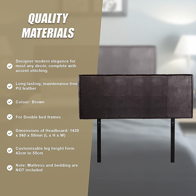 Double Size | PU Leather Bed Headboard Bedhead (Brown) with accent stitching and adjustable leg height for double bed frames
