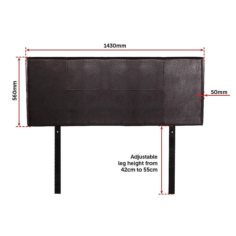 Double Size | PU Leather Bed Headboard Bedhead (Brown) with adjustable legs and sleek stitched design for bedroom furniture.