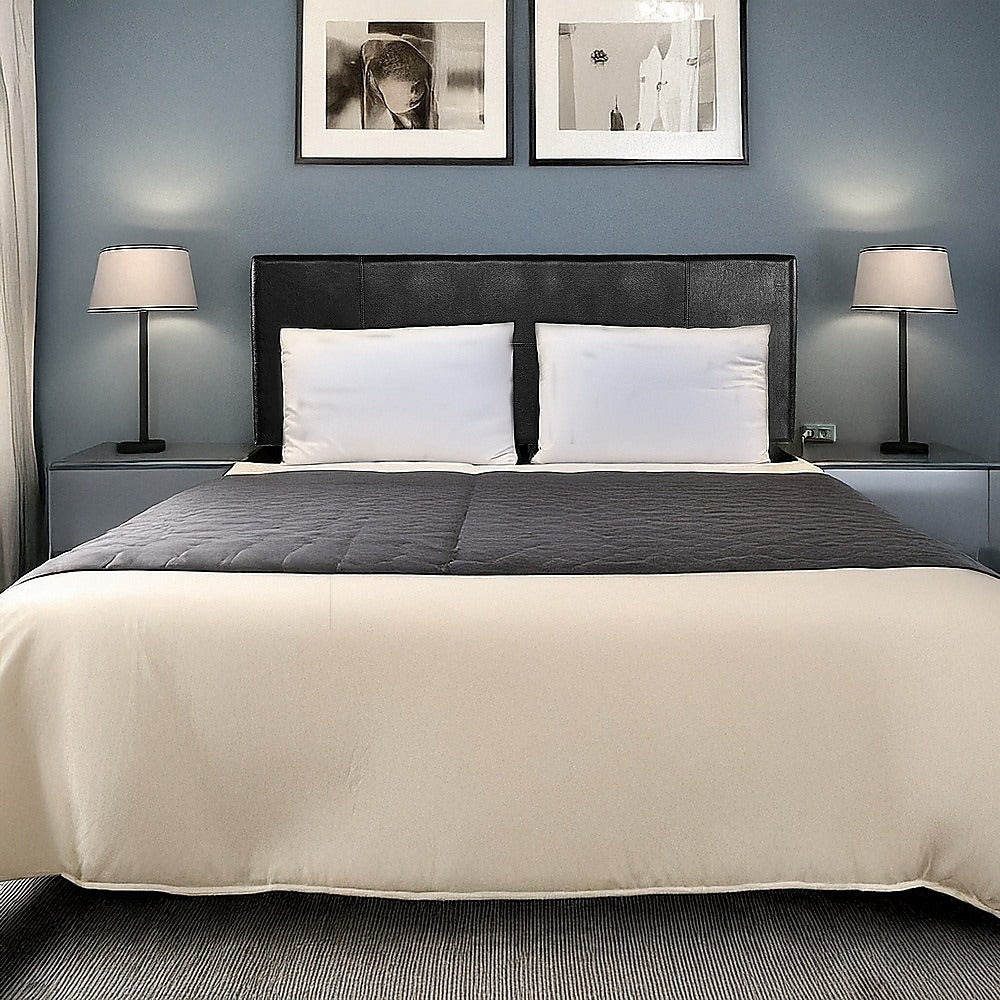 Queen Size | PU Leather Bed Headboard Bedhead (Black) in a modern bedroom setting with white pillows and bedside lamps