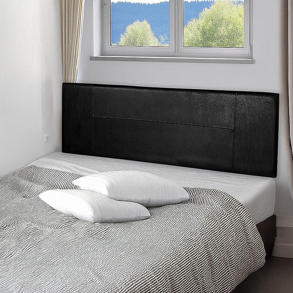 Queen Size | PU Leather Bed Headboard Bedhead (Black) in bedroom setting with white bedding and window background