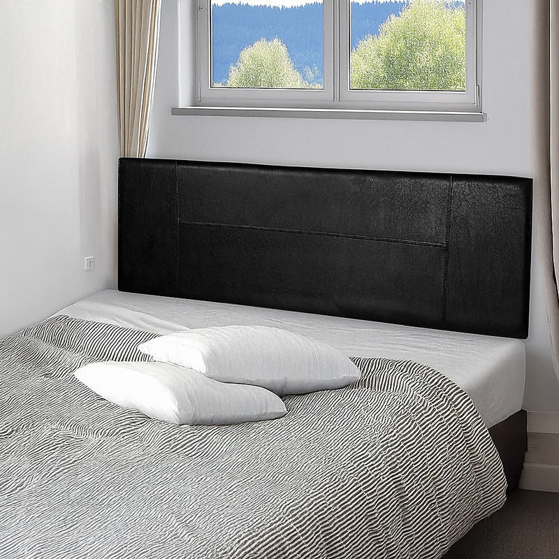 Queen Size | PU Leather Bed Headboard Bedhead (Black) in bedroom setting with white bedding and window background