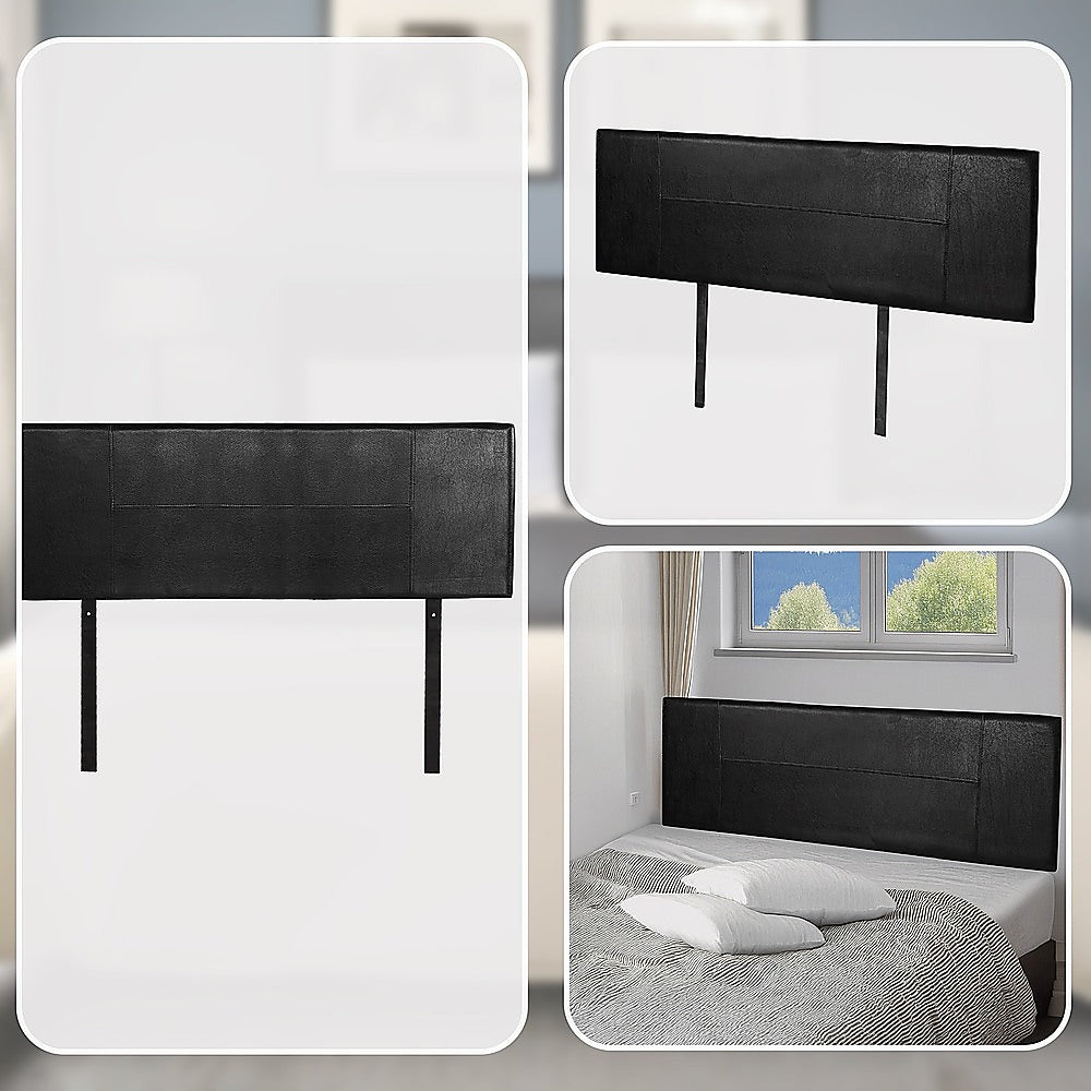 Queen Size | PU Leather Bed Headboard Bedhead (Black) with stitched design, shown standalone and installed on bed in bedroom setting