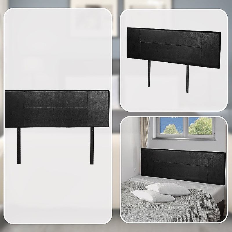 Queen Size | PU Leather Bed Headboard Bedhead (Black) with stitched design, shown standalone and installed on bed in bedroom setting