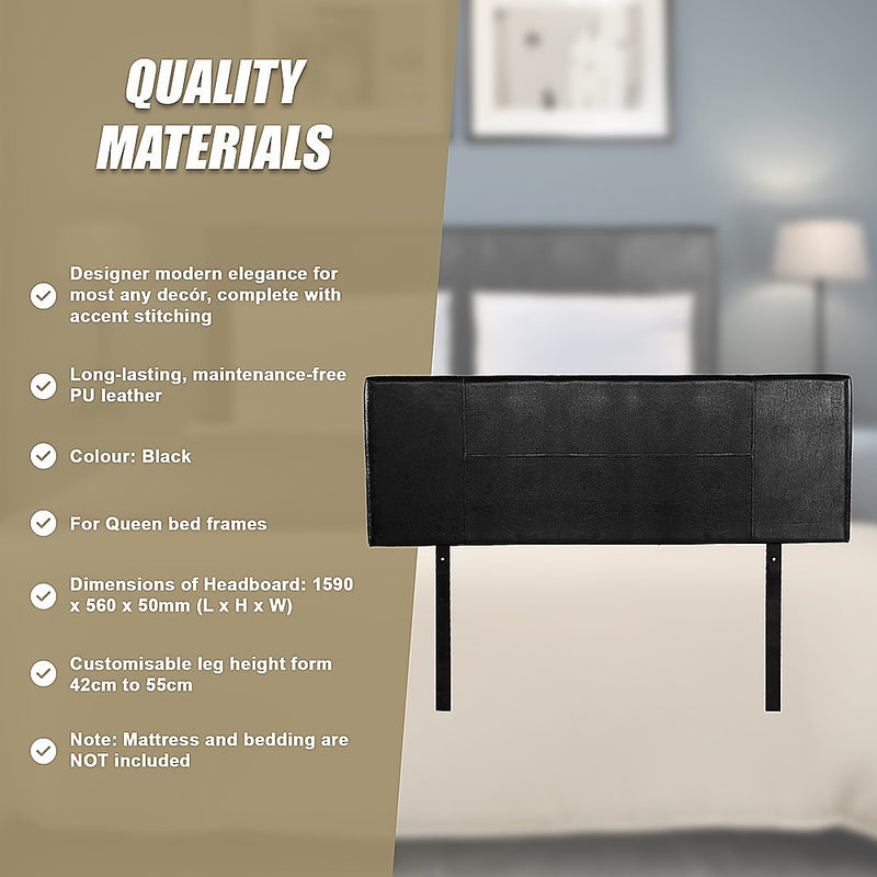 Queen Size | PU Leather Bed Headboard Bedhead (Black) with modern stitched design for bedroom furniture.