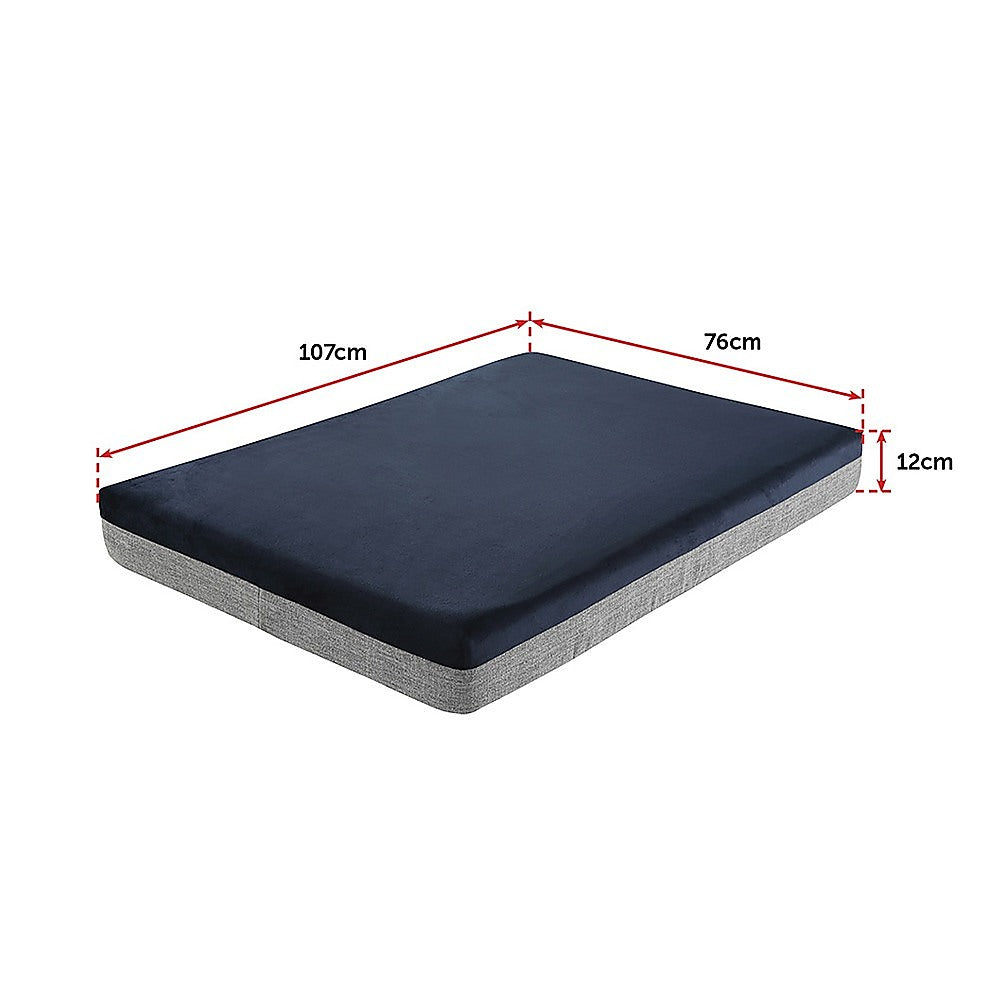 Memory Foam Dog Bed 12CM Thick Large Orthopedic Dog Pet Beds Waterproof Big with navy top and gray sides, dimensions shown