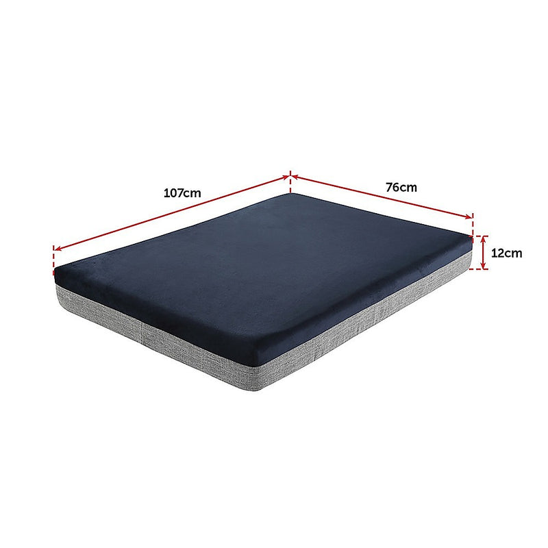 Memory Foam Dog Bed 12CM Thick Large Orthopedic Dog Pet Beds Waterproof Big with navy top and gray sides, dimensions shown