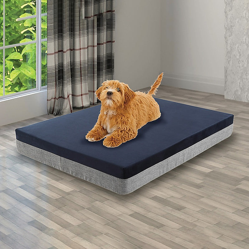 Memory Foam Dog Bed 15CM Thick Large Orthopedic Dog Pet Beds Waterproof Big with dog on navy and gray cushion in modern room