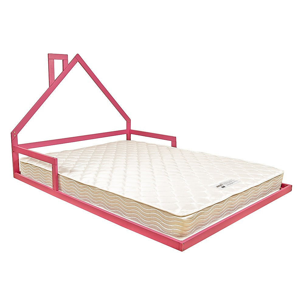 Pine Wood House Shaped Double Floor Bed Pink with mattress, featuring a pink pine wood frame in a house design for kids' bedroom furniture.