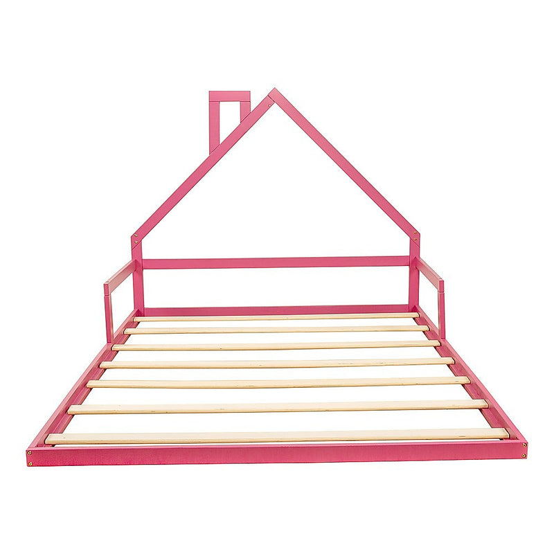 Pine Wood House Shaped Double Floor Bed Pink with wooden slats and pink painted frame for kids bedroom furniture