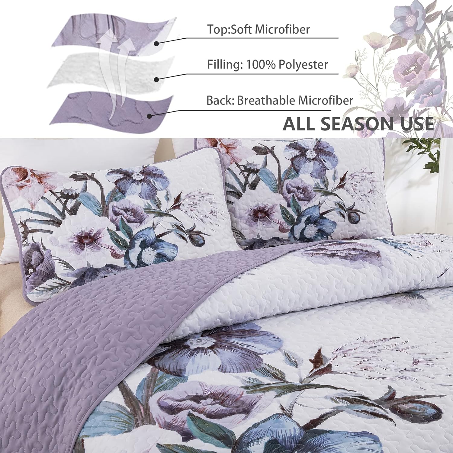 Romantic Wildflower Soft Cozy 3 Pc Bedspread & Pillow Cover Set