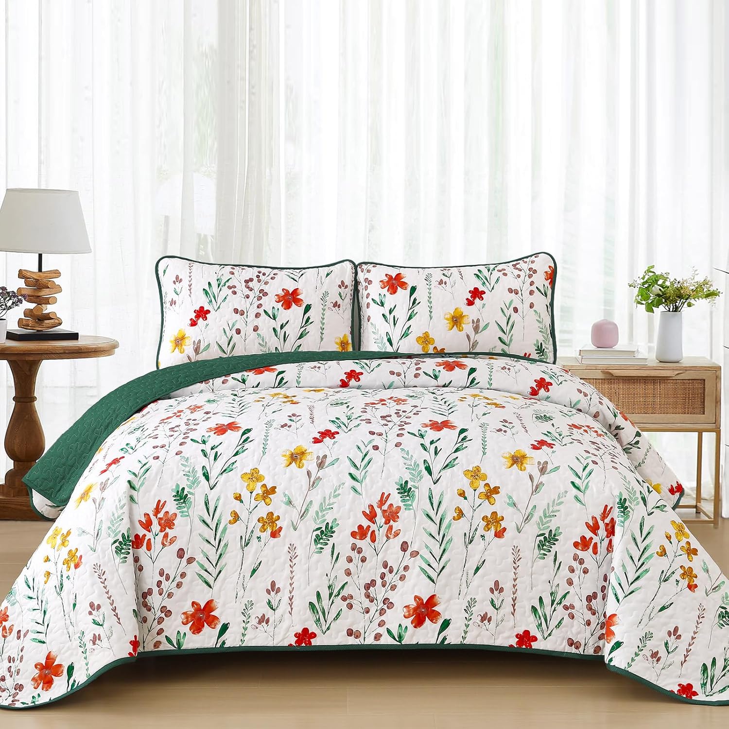 Enchanting Fields Cozy 3 Pc Bedspread & Pillow Cover Set with floral design on white background in bedroom setting