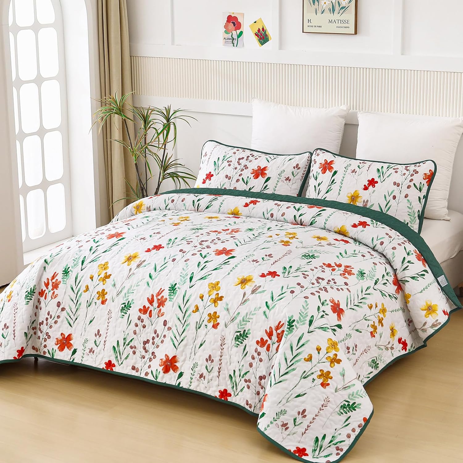 Enchanting Fields Cozy 3 Pc Bedspread & Pillow Cover Set with floral pattern on a neatly made bed in a bright bedroom