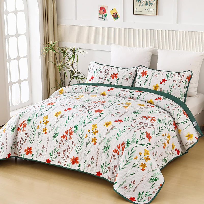 Enchanting Fields Cozy 3 Pc Bedspread & Pillow Cover Set with floral pattern on a neatly made bed in a bright bedroom