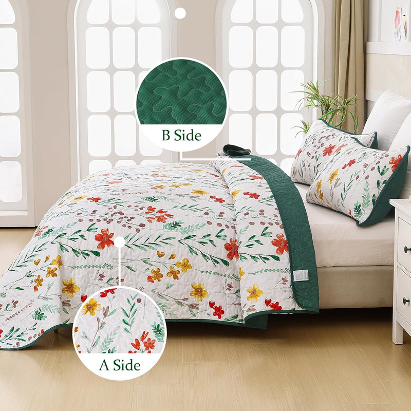 Enchanting Fields Cozy 3 Pc Bedspread & Pillow Cover Set with floral print, reversible quilt, and matching pillow covers on bed.
