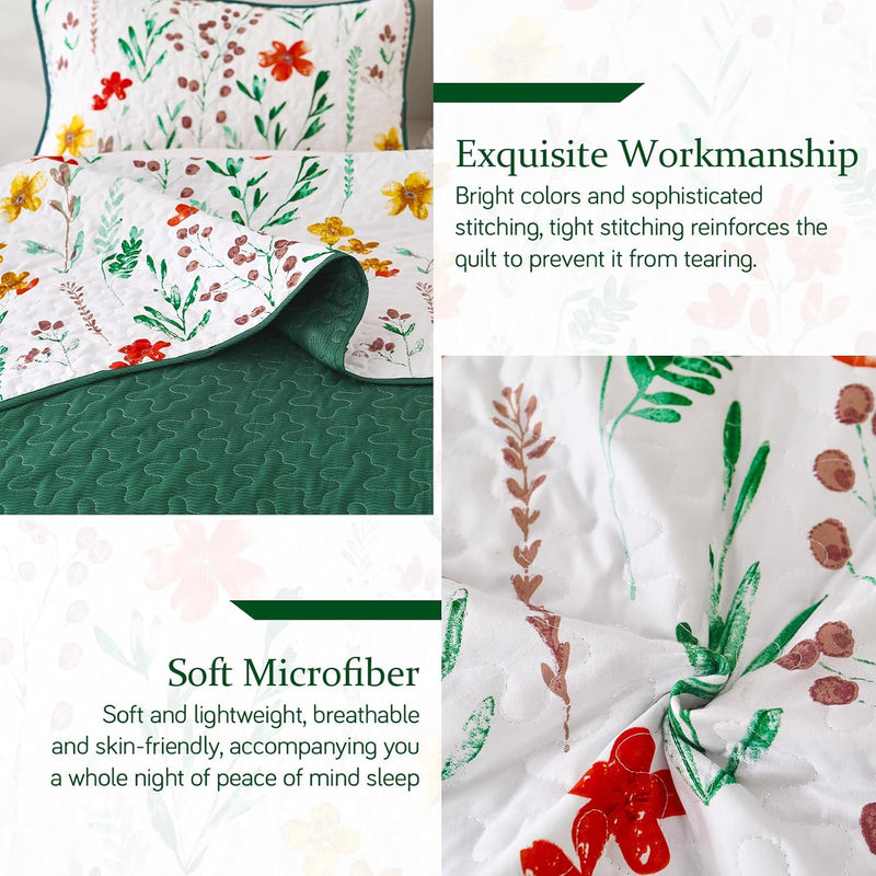 Enchanting Fields Cozy 3 Pc Bedspread & Pillow Cover Set with floral design, soft microfiber, and detailed stitching close-up