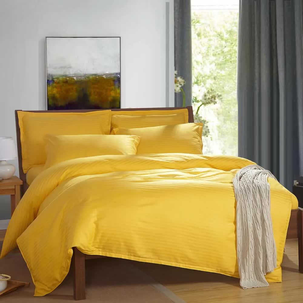 100% cotton Premium Doona Duvet Quilt Cover Set with Soft Pillowcases - yellow-Queen displayed on wooden bed in modern bedroom