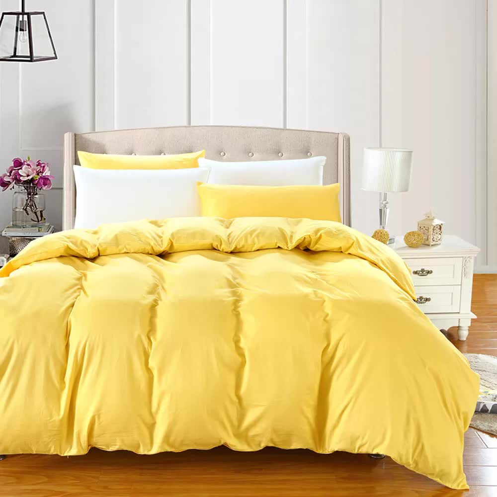 100% cotton Premium Doona Duvet Quilt Cover Set with Soft Pillowcases - yellow-Queen on bed with beige headboard and bedside table