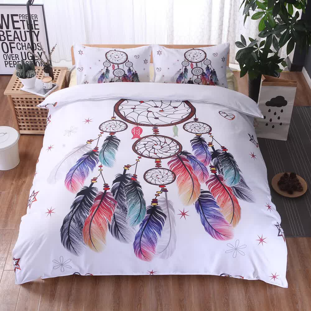 Dream catcher Printed Duvet Cover Set with Matching Pillowcases - white-Double featuring colorful feather design on white bedding set in bedroom.