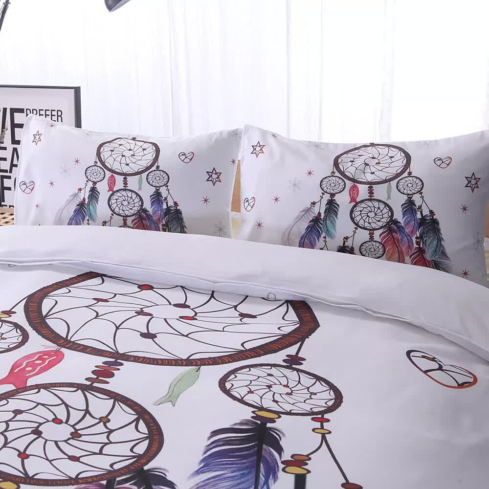 Dream catcher Printed Duvet Cover Set with Matching Pillowcases - white-Double on bed with dream catcher design and pillows