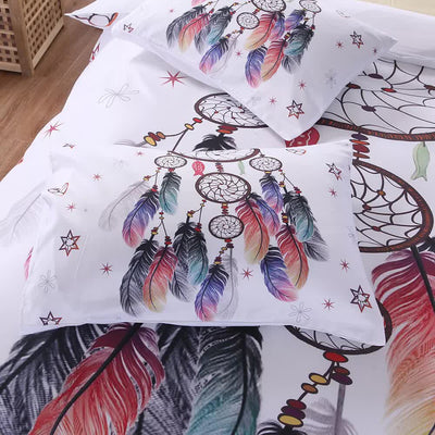 Dream catcher Printed Duvet Cover Set with Matching Pillowcases - white-Double featuring colorful feathers on white bedding by Bedzy