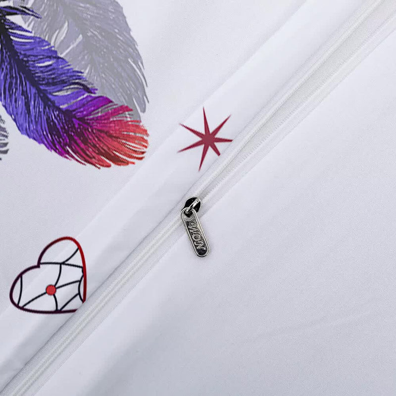 Close-up of zipper on Dream catcher Printed Duvet Cover Set with Matching Pillowcases - white-Double showing design detail and stitching quality