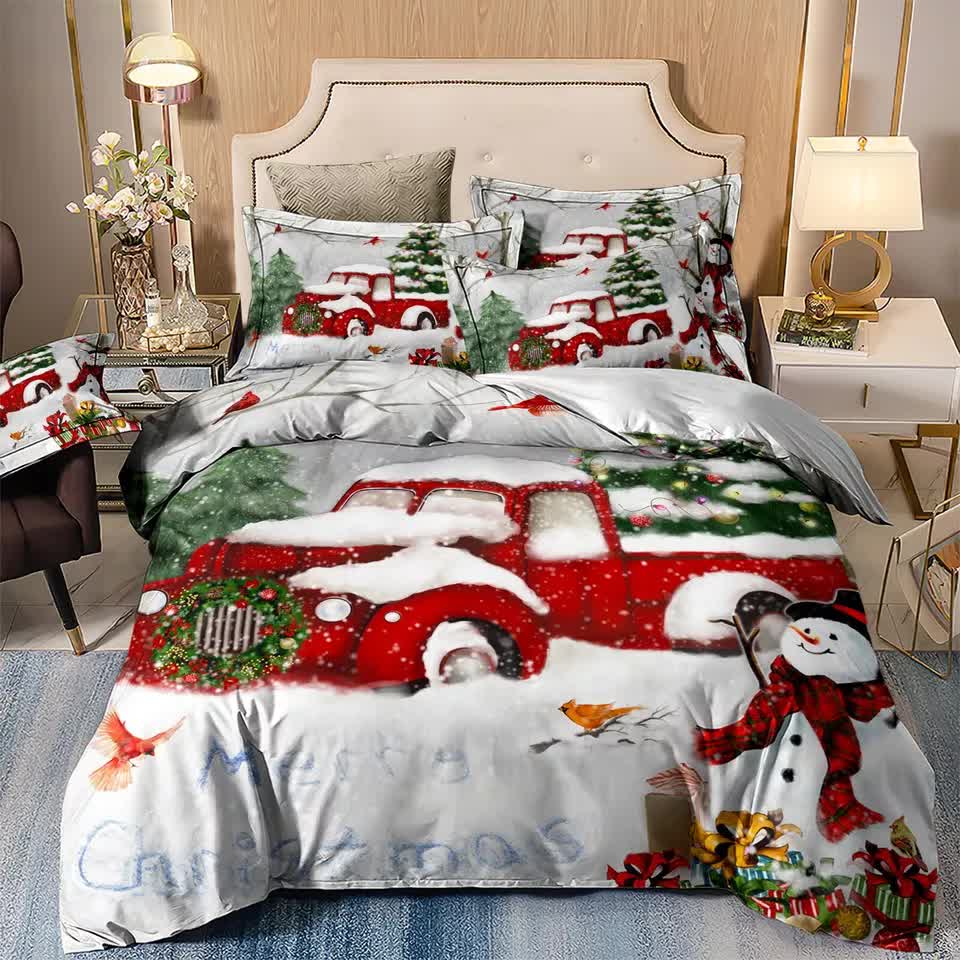 Elegant Touch Solid Color Duvet Cover Set - Easy Care-Queen with festive red truck and snowman design on a cozy bedroom bed.