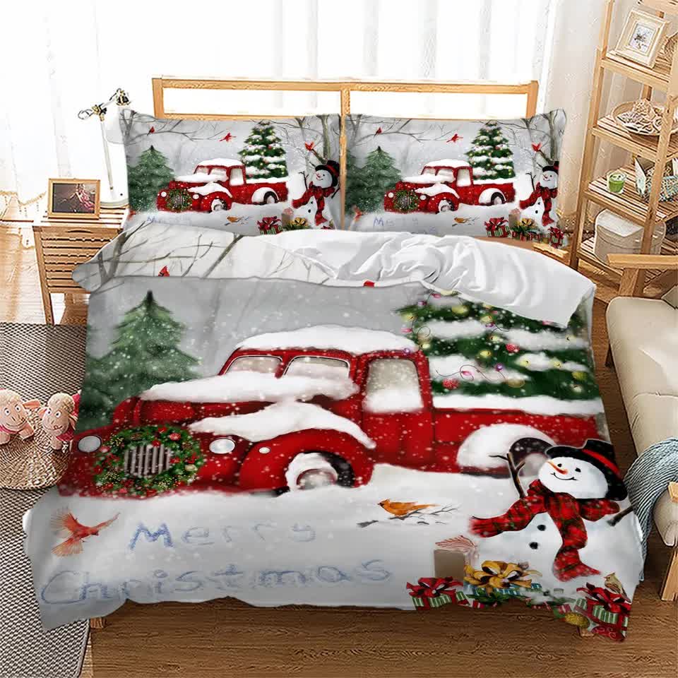 Elegant Touch Solid Color Duvet Cover Set - Easy Care-Queen with festive red truck and snowman Christmas design on bed.