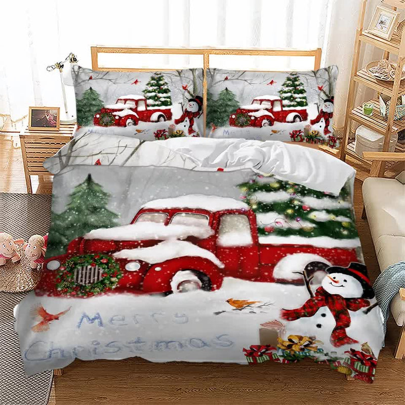 Elegant Touch Solid Color Duvet Cover Set - Easy Care-Queen with festive red truck and snowman Christmas design on bed.